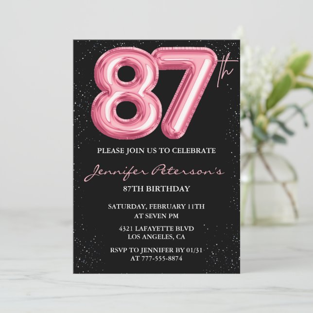Invitación Globo glam negro rosa brillo cumpleaños 87 (Anverso de pie)