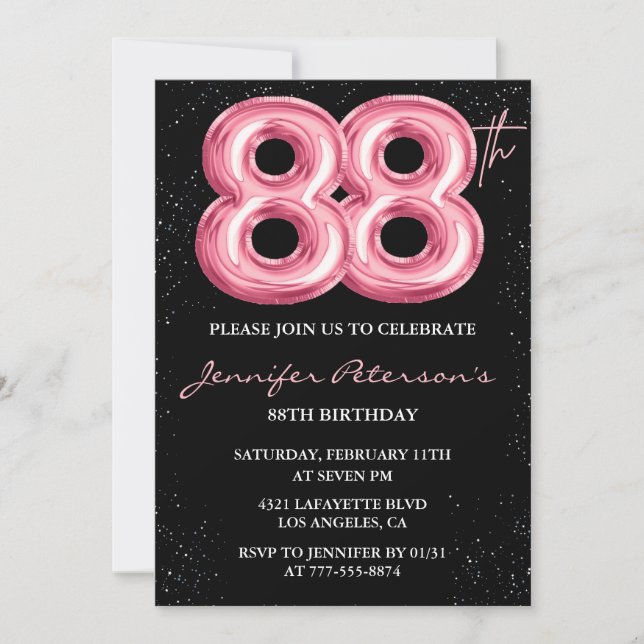 Invitación Globo glam negro rosa brillo cumpleaños 88 (Anverso)
