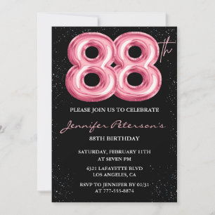Invitación Globo glam negro rosa brillo cumpleaños 88