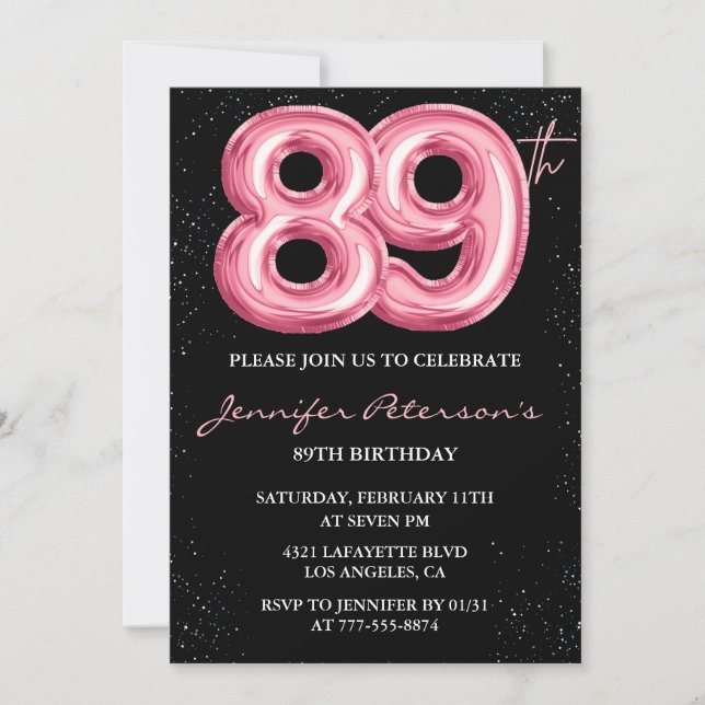 Invitación Globo glam negro rosa brillo cumpleaños 89 (Anverso)