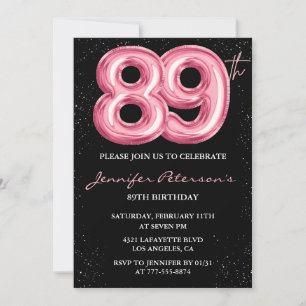 Invitación Globo glam negro rosa brillo cumpleaños 89