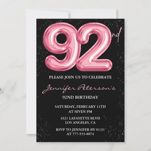 Invitación Globo glam negro rosa brillo cumpleaños 92 (Anverso)