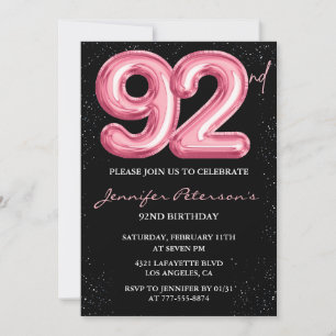Invitación Globo glam negro rosa brillo cumpleaños 92
