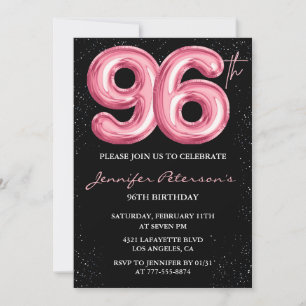 Invitación Globo glam negro rosa brillo cumpleaños 96