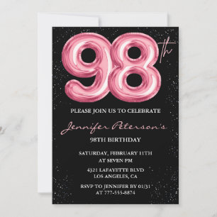 Invitación Globo glam negro rosa brillo cumpleaños 98