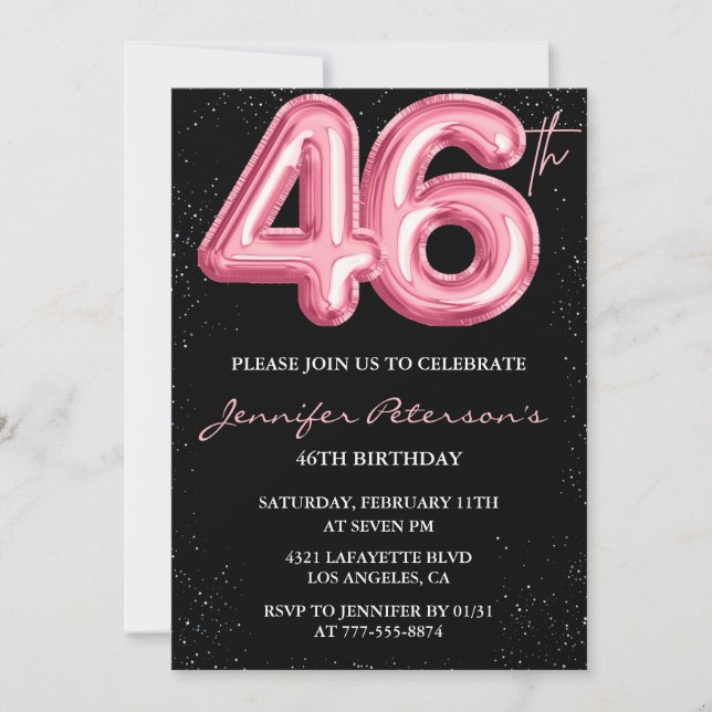 Invitación Globo glamuroso con brillo negro rosa para 46 cump (Anverso)