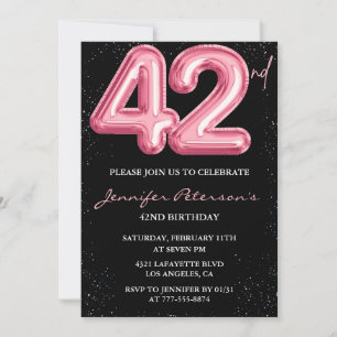 Invitación Globo glamuroso de brillo negro rosa cumpleaños 42
