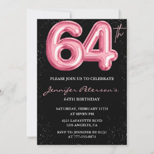 Invitación Globo glamuroso de purpurina negro rosa cumpleaños