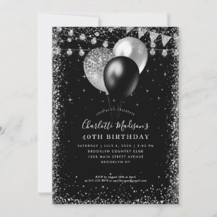 Invitación Globo gris plateado negro ilumina cualquier cumple