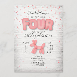 Invitación Globo Ladrillo confetti Rosa 4to cumpleaños