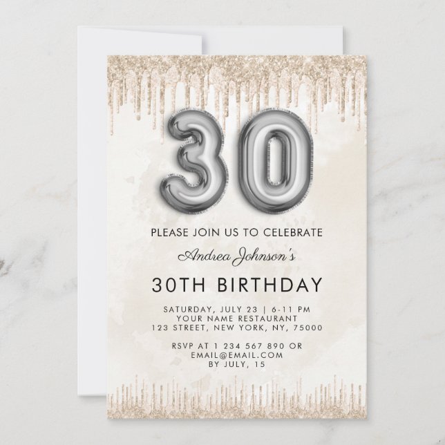 Invitación Globo metálico número 30 Crema de mármol de cumple (Anverso)
