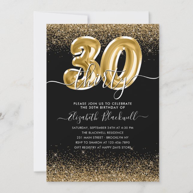 Invitación Globo moderno Purpurina de oro negro 30 cumpleaños (Anverso)