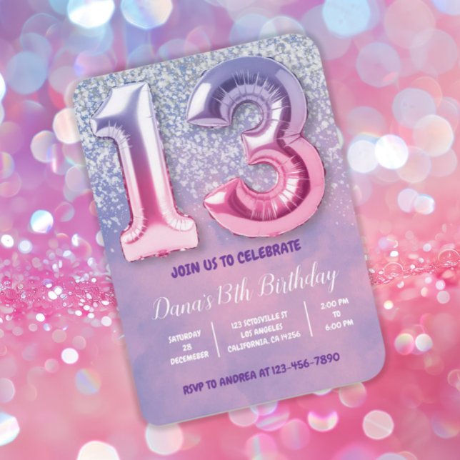 Invitación Globo morado y rosado de 13 años (Subido por el creador)