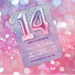 Invitación Globo morado y rosado de 14 años