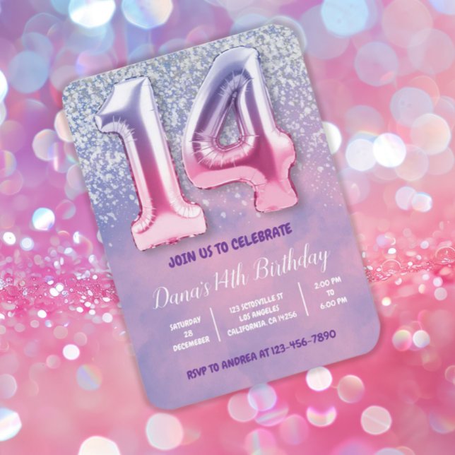 Invitación Globo morado y rosado de 14 años (Subido por el creador)