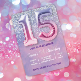 Invitación Globo morado y rosado de 15 años