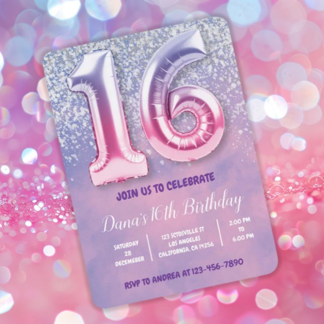 Invitación Globo morado y rosado de 16 años (Subido por el creador)