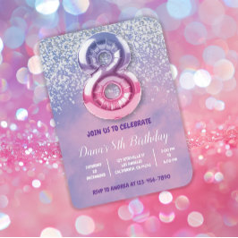 Invitación Globo morado y rosado de octavo cumpleaños