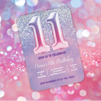 Invitación Globo morado y rosado del 11º cumpleaños