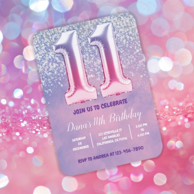 Invitación Globo morado y rosado del 11º cumpleaños (Subido por el creador)