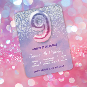 Invitación Globo morado y rosado del noveno cumpleaños
