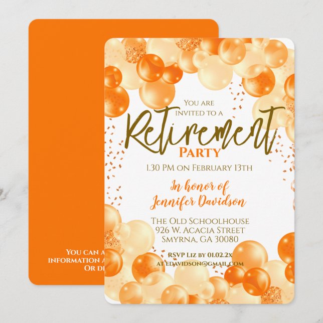 Invitación Globo Naranja de Jubilación (Anverso / Reverso)