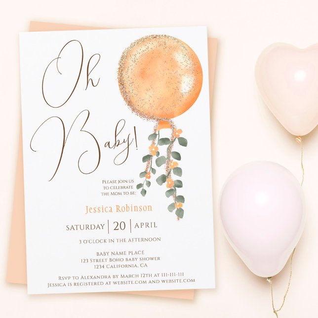 Invitación Globo naranja purpurina oro moderno Oh ducha bebé (Subido por el creador)