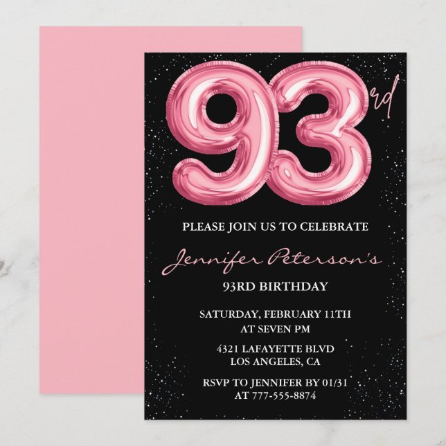 Invitación Globo negro rosa glam 93 cumpleaños (Anverso / Reverso)