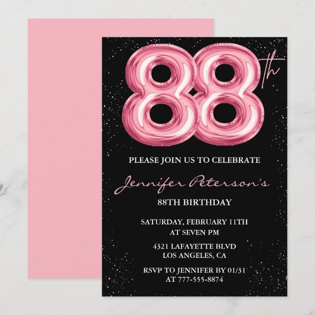 Invitación Globo negro rosa glam cumpleaños 88 (Anverso / Reverso)