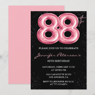 Invitación Globo negro rosa glam cumpleaños 88