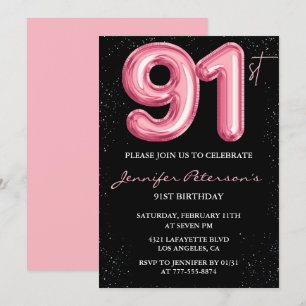 Invitación Globo negro rosa glam cumpleaños 91