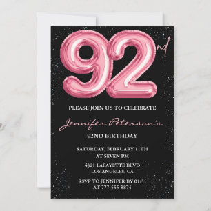 Invitación Globo negro rosa Glam cumpleaños 92