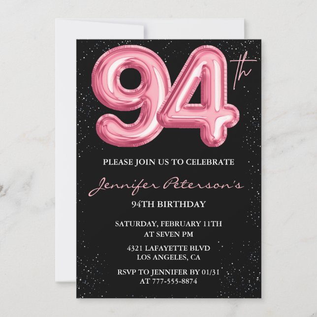 Invitación Globo negro rosa Glam cumpleaños 94 (Anverso)