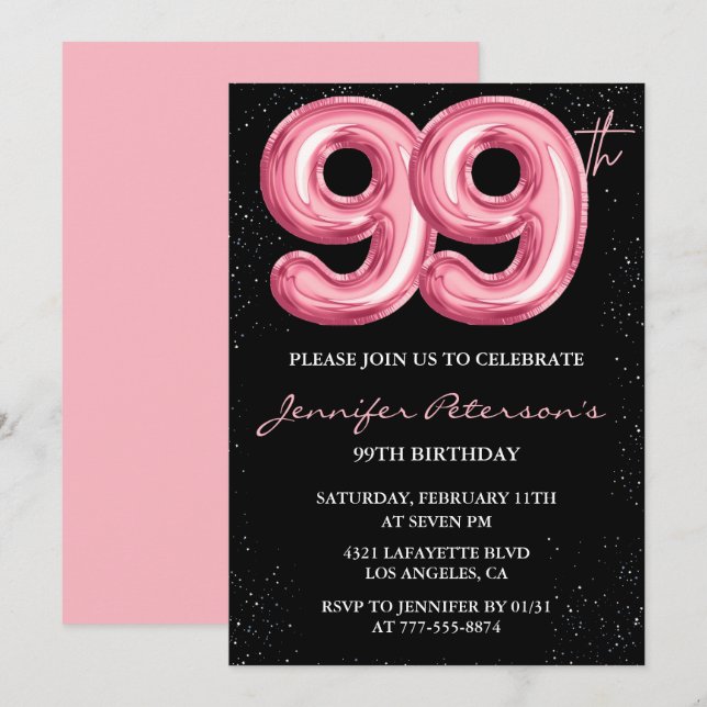 Invitación Globo negro rosa glam cumpleaños 99 (Anverso / Reverso)