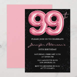 Invitación Globo negro rosa glam cumpleaños 99