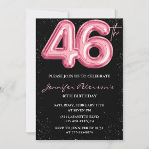 Invitación Globo negro rosa glam glitter cumpleaños 46