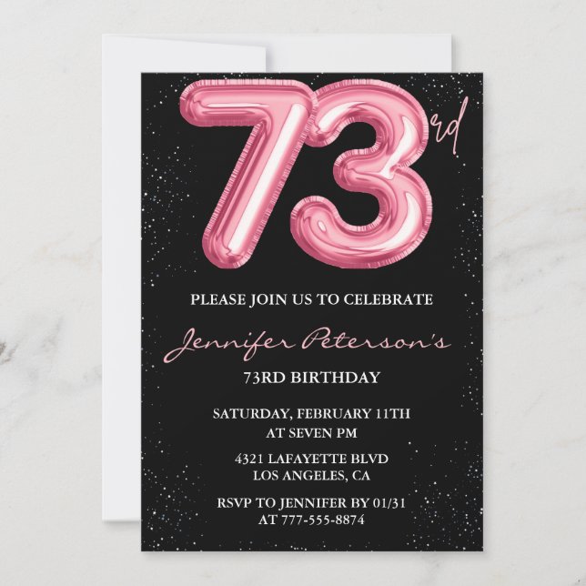 Invitación Globo negro rosa glam glitter cumpleaños 73 (Anverso)