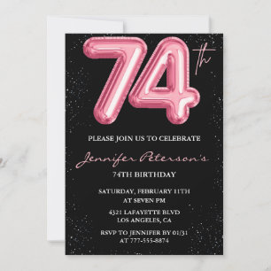 Invitación Globo negro rosa glam glitter cumpleaños 74
