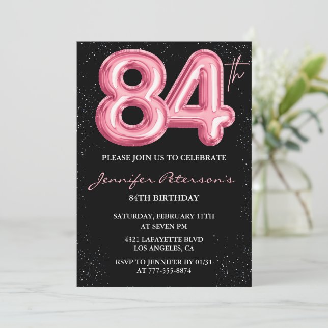 Invitación Globo negro rosa glam glitter cumpleaños 84 (Anverso de pie)