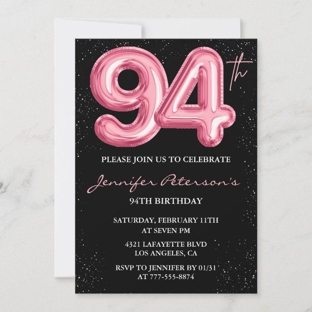 Invitación Globo negro rosa glam glitter cumpleaños 94 (Anverso)