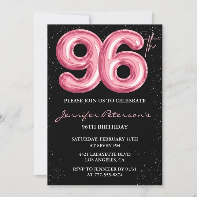 Invitación Globo negro rosa glam glitter cumpleaños 96 (Anverso)