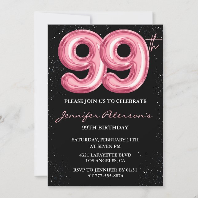 Invitación Globo negro rosa glam glitter cumpleaños 99 (Anverso)
