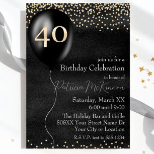 Invitación Globo negro y dorado Cumpleaños 40