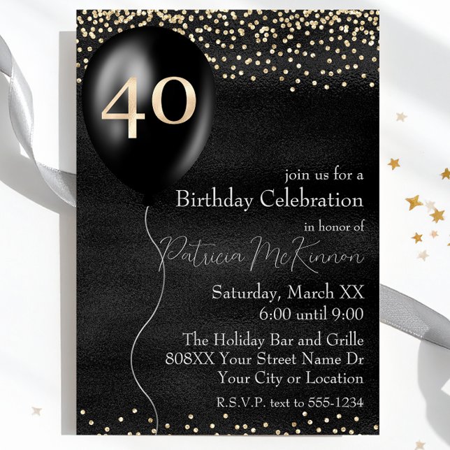 Invitación Globo negro y dorado Cumpleaños 40 (Subido por el creador)