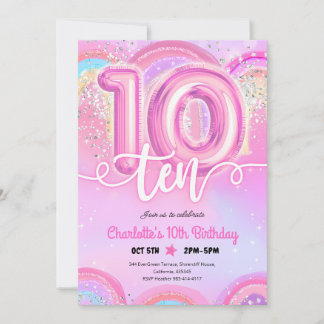 Invitación Globo pastel rosa cumpleaños 10