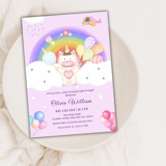 Invitación Globo Pastel Unicornio Rainbow Baby Shower (Pastel Balloon Unicorn Rainbow Baby Shower Invitation)
