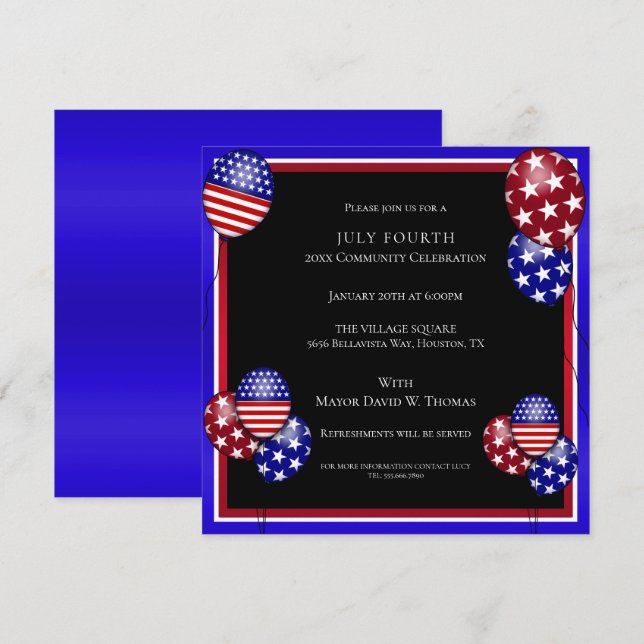 Invitación Globo Patriótico Decorado 4 de Julio (Anverso / Reverso)
