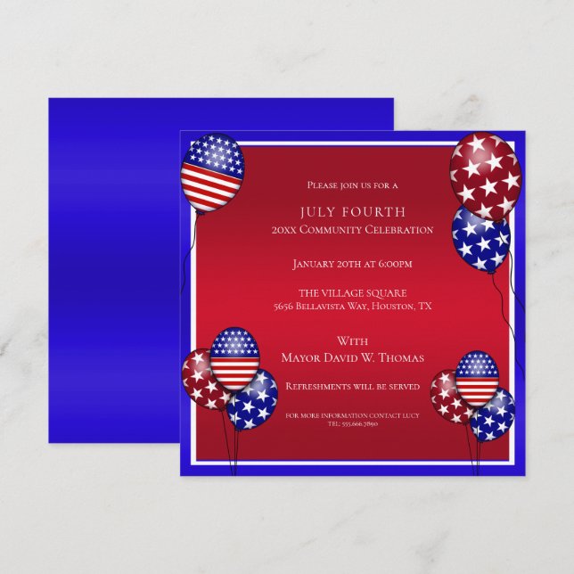 Invitación Globo patriótico decorado 4 de julio (Anverso / Reverso)