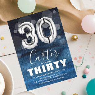 Invitación Globo plateado de Treinta Años   Fiesta azul