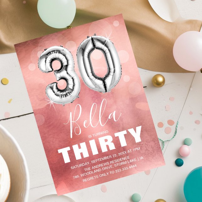 Invitación Globo plateado de Treinta Años | Fiesta Girly Pink (Subido por el creador)